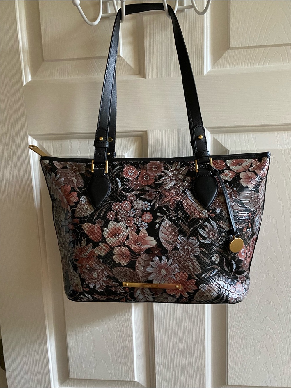 Brahmin Floral Embossed Black and Pink Tote Bag